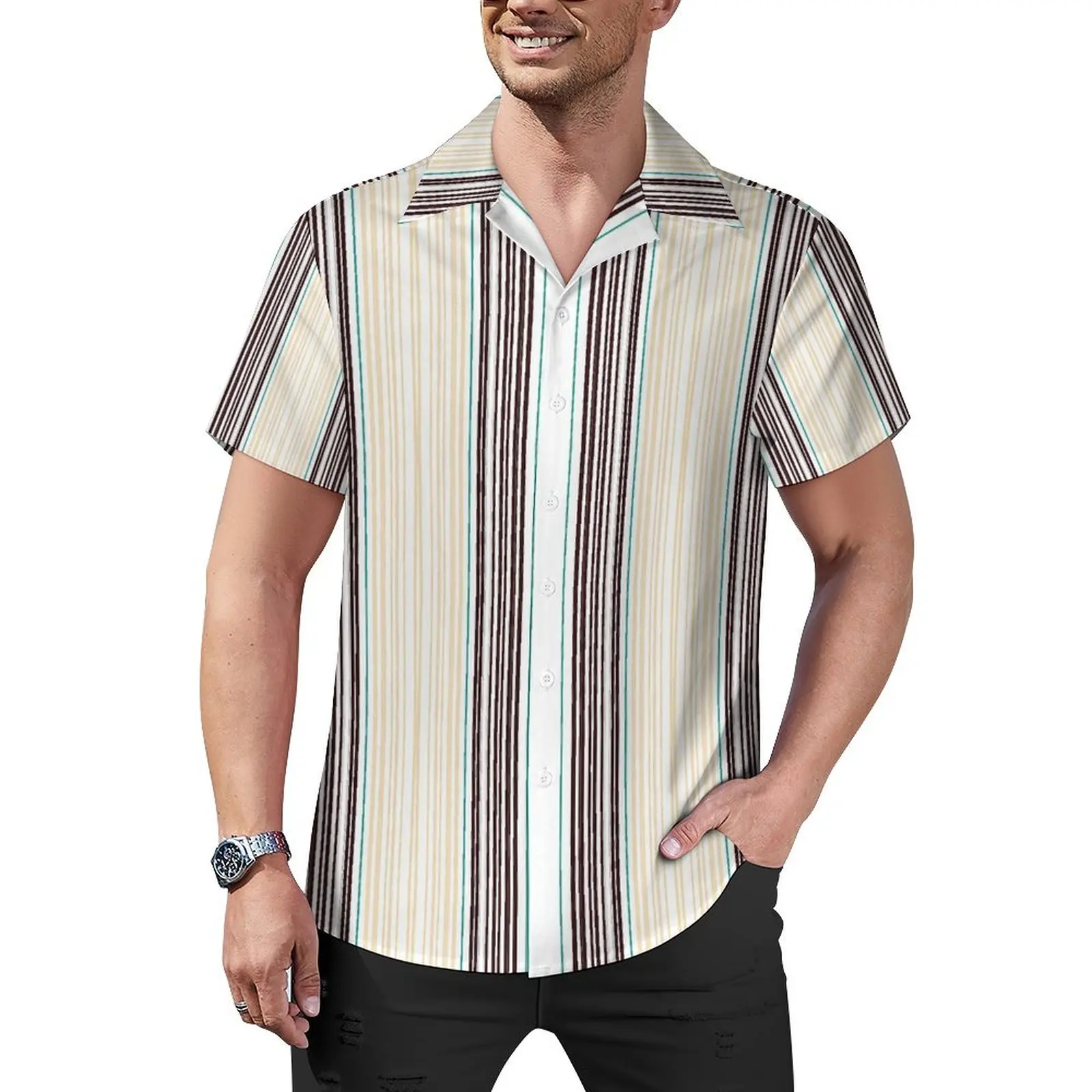 

Hawaii Shirt Beach Retro Striped Blouses Brown Green Lines Cool Casual Shirts Male Short Sleeve Street Style Oversize Clothing