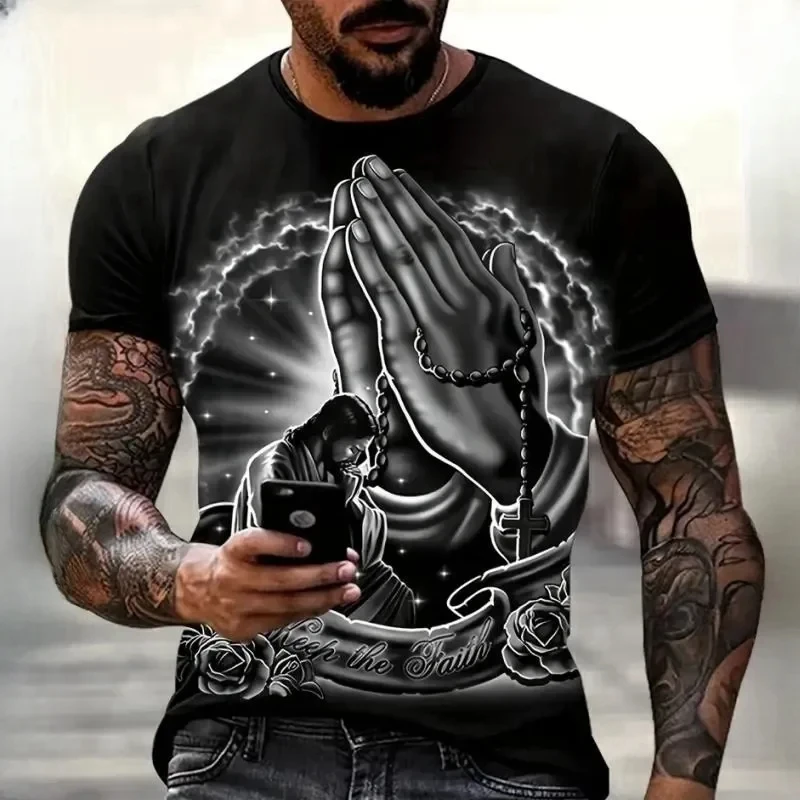 Christianity Pray T-Shirts Fashion 3D Jesus Print Tshirt For Men Clothing Casual O-neck Oversized Short Sleeve Male Tops Vintage