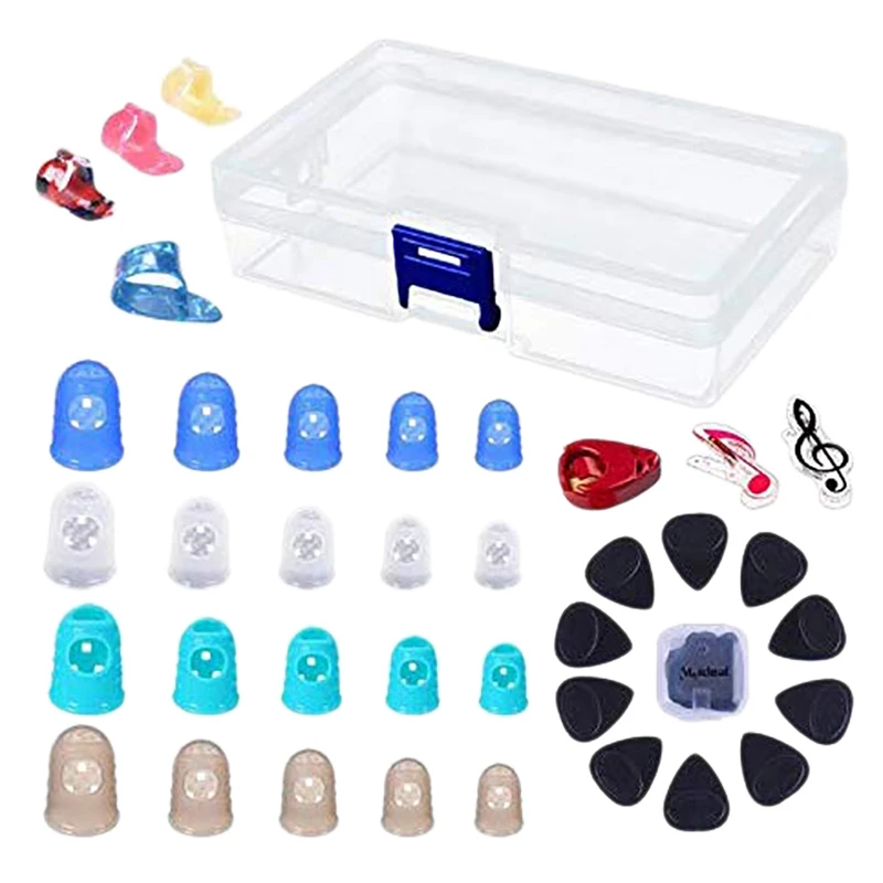 

Guitar Accessories Kit Including 20PC Guitar Finger Protectors 10PC Standard Guitar Picks 4PC Thumb Picks with Grid Case Storage