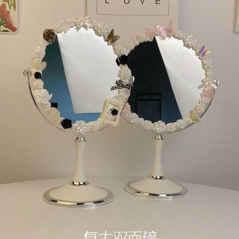 Red Cream Glue DIY Handmade Double-Sided Vintage Makeup Mirror Desktop Bedroom Decor Girls Dormitory Essential