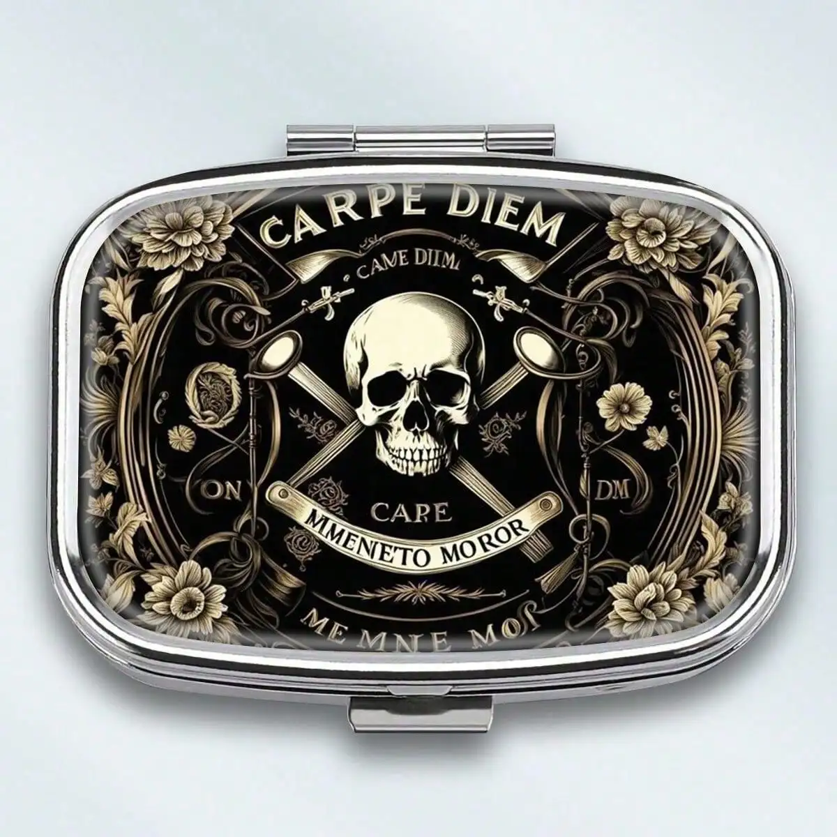 Classic Metal Pill Box with Floral and Decorative Patterns—Square, Dual-Compartment Portable Medicine Organizer, Vitamin Storage Box, Perfect for Travel or as a Beautiful Hand-Held Gift. Lightweight Design, Specifically Designed for Daily Use.