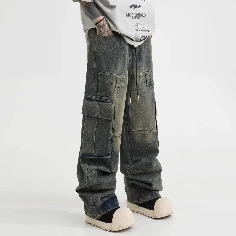 Spring High Street Men and Women Trendy Elastic Belt Work Clothes Jeans Couple Straight Tube Loose Water Washed Casual Pants y2k