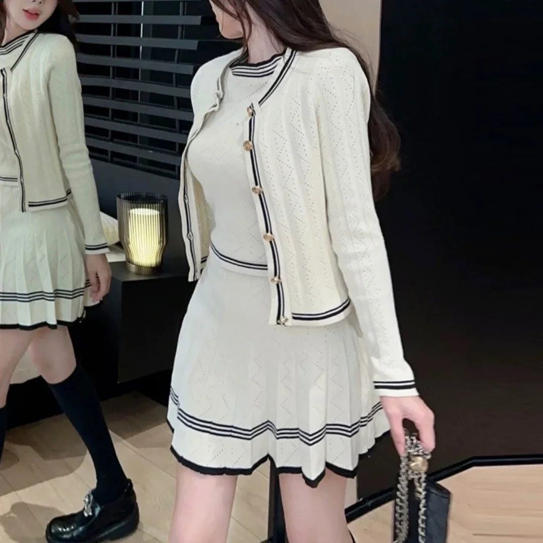 Lady-like Knit Vest Cardigan Short Skirt Three-piece Set Pleated Skirt Vest Half-skirt Women's Clothing