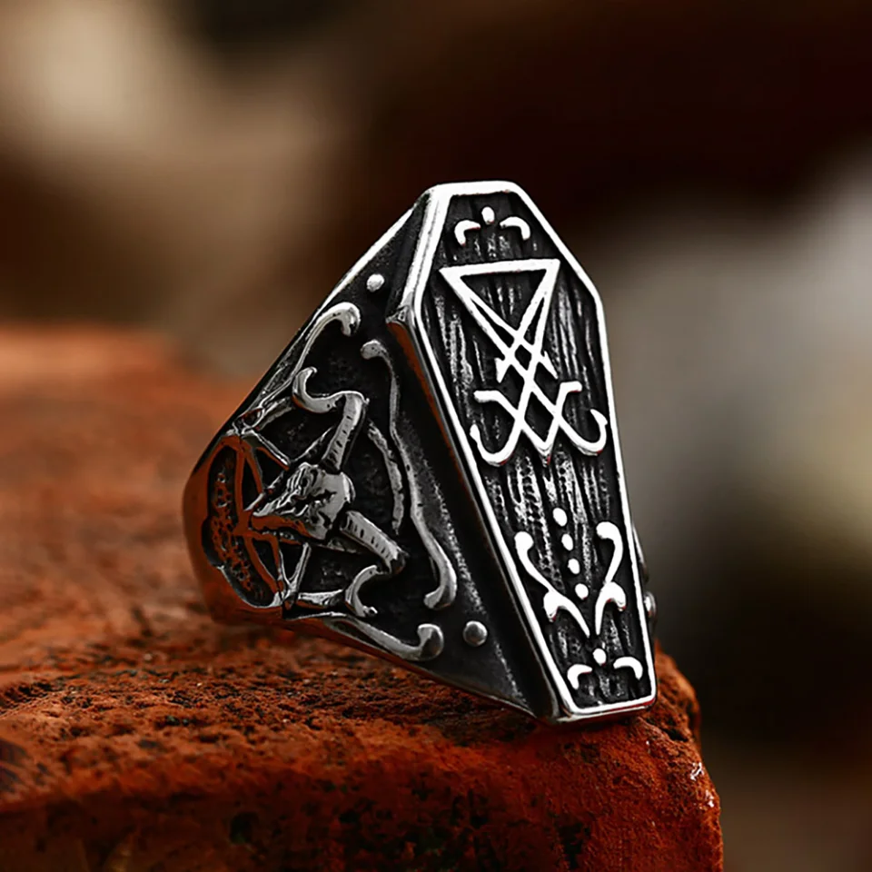 

New Vintage Lucifer Satan Coffin Ring For Men Boys 316L Stainless Steel Sheep Head Rings Punk Biker Amulet Jewelry Dropshipping