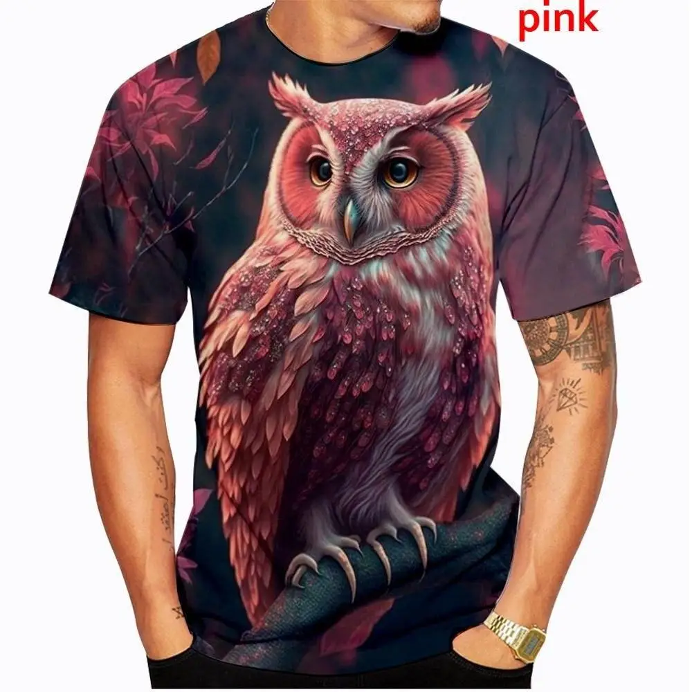 Men Short Eared Owl Wild Flowers 3D Full Print Short Sleeve T-Shirt Crew Neck Casual Tops Multi Colors