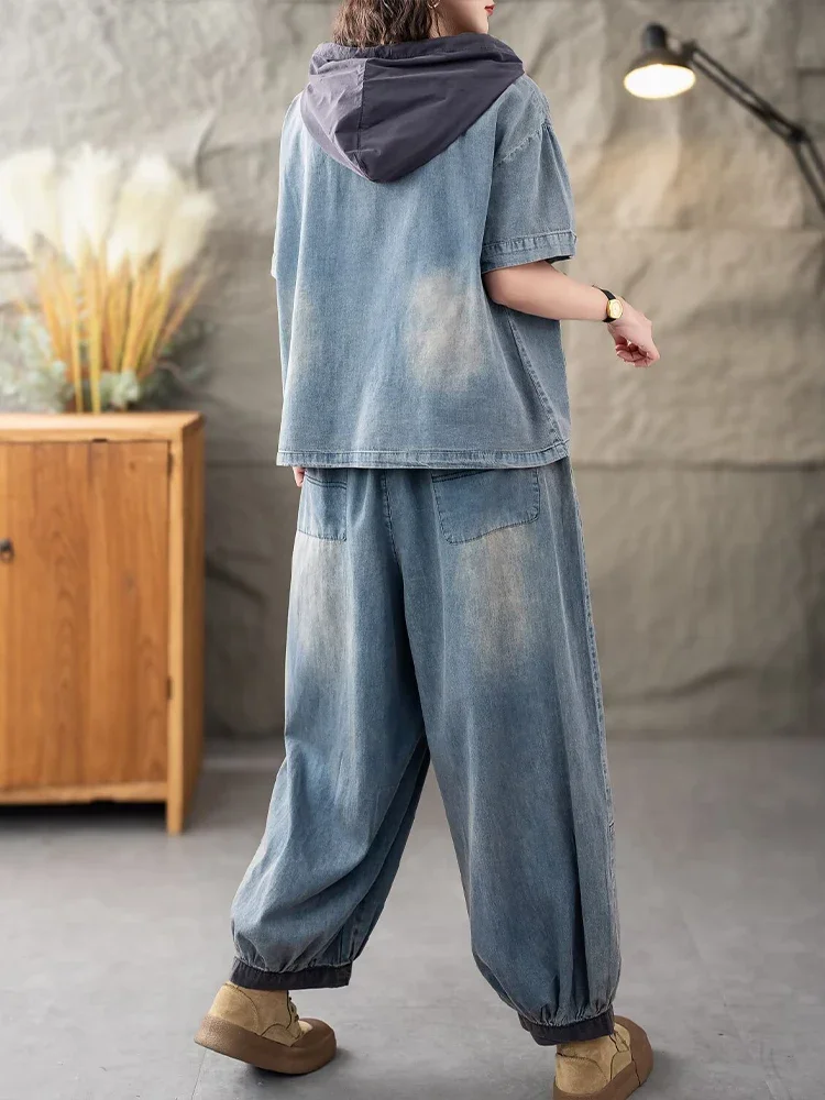 AmaxluluE Setelan Kebugaran Denim Wanita Musim Panas Set 2 Potong Mode Kaus Berkerudung Longgar Jeans Kasual Celana Klasik Pakaian Antik