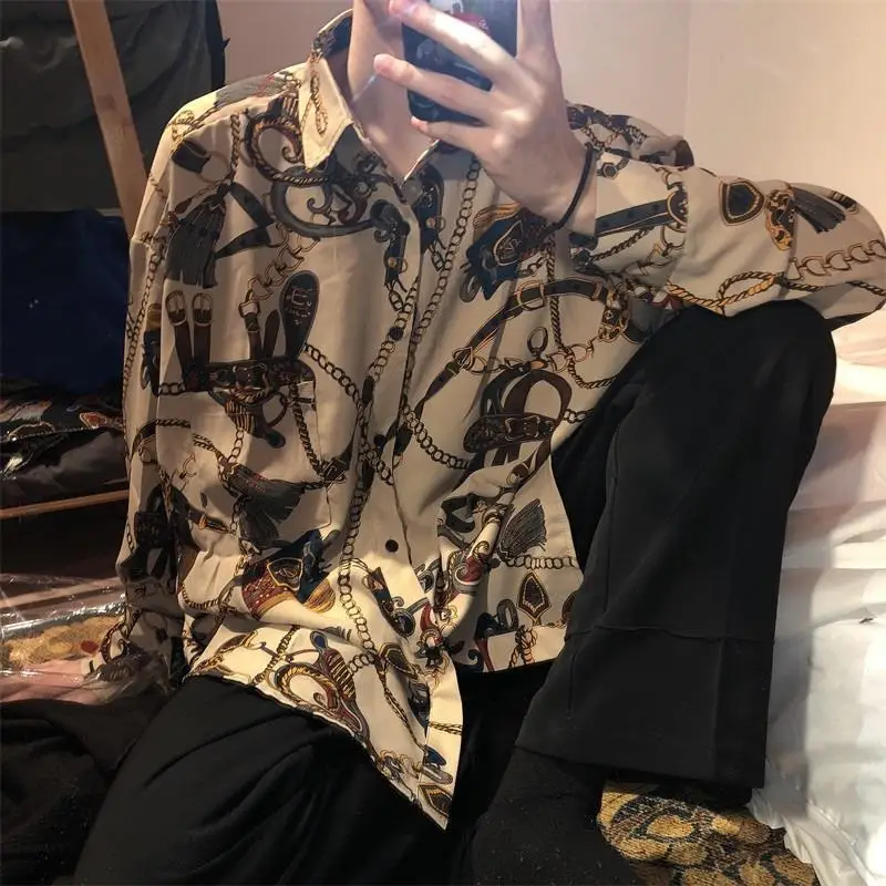 

Retro Charming Print Shirt Men's Loose Hong Kong Style Long Sleeve Shirt Coat