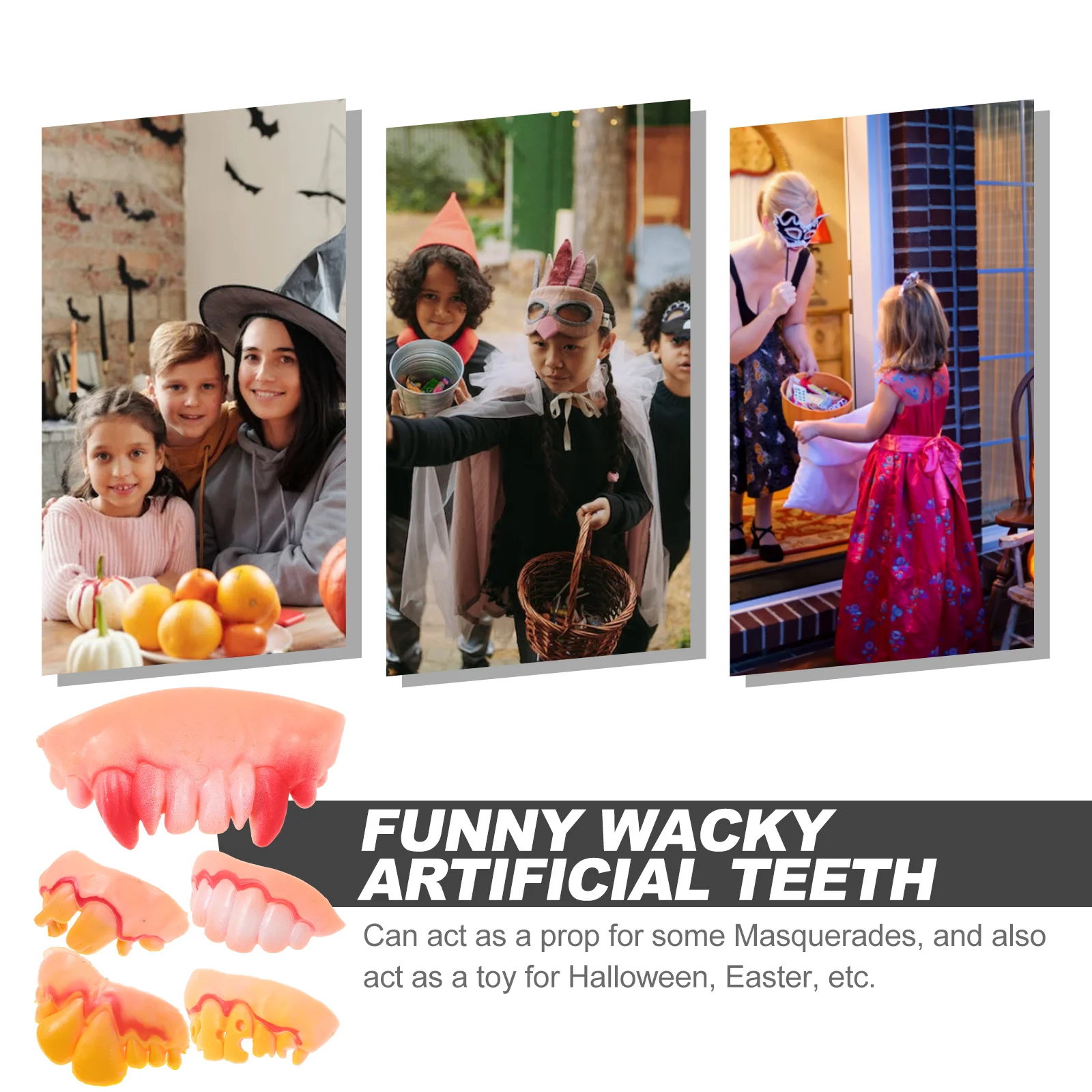 

5pcs Funny Wacky Artificial Teeth Set Prank False Teeth For Halloween Easter Party Gnarly Vampire Denture Costume Prop
