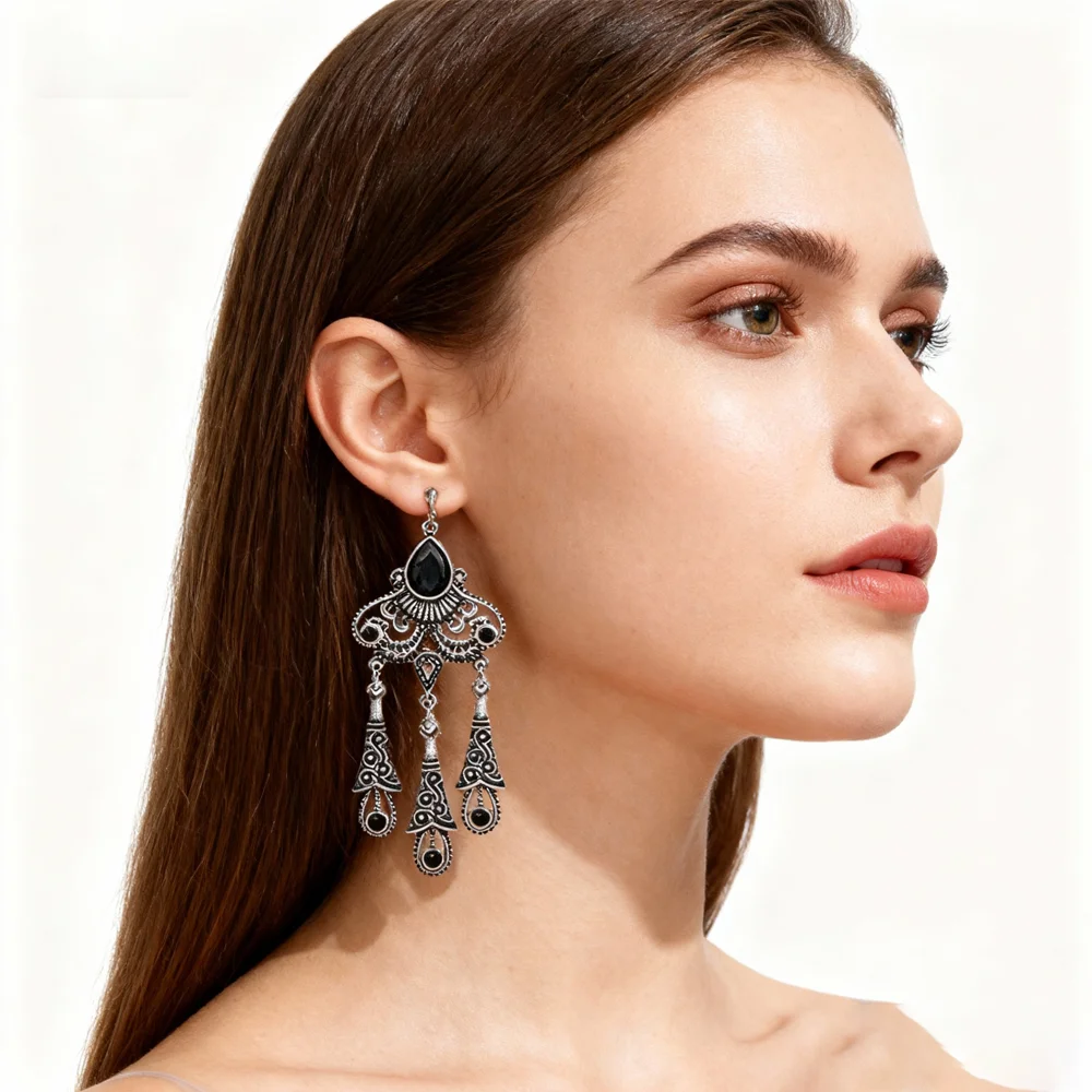 PESENAR – boucles d'oreilles pendantes en pierre noire, Style Vintage des années 1920, ton argent, pour Costume à clapet et accessoire Gatsby rétro