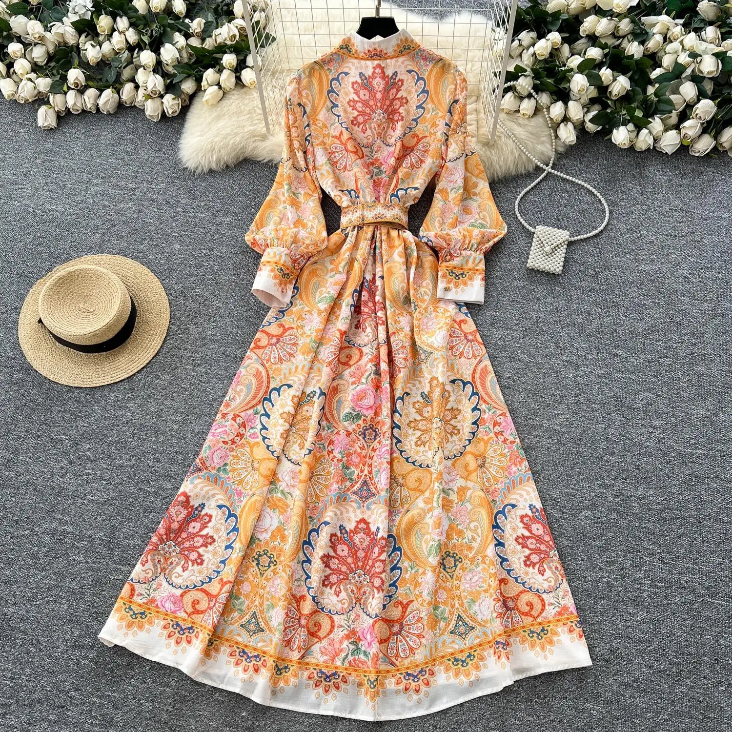 2025 Spring Holiday Muslims Floral Maxi Chiffon Shirt Dress Women's Lantern Long Sleeve Belt Vintage Print Vestidos Long Robe