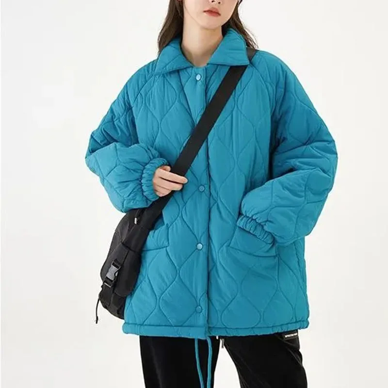 

Autumn Winter Vintage Loose Wool Rhombus Cotton-padded Jacket Parkas Women Sweet Pocket Solid Long Sleeve Coat Warm Outerwear