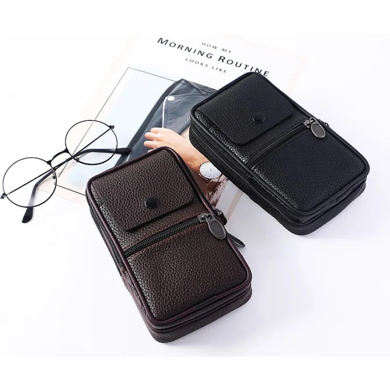 

The New Vertical Men's Waist Pack Pu Leather Zipper Flip Phone Bag Simple Large Capacity Business Style