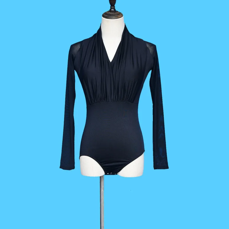زي الرقص اللاتيني الجديد للبالغين - بذلة نسائية برقبة على شكل حرف V وأكمام شبكية، وصدر مكشكش، وملابس أداء