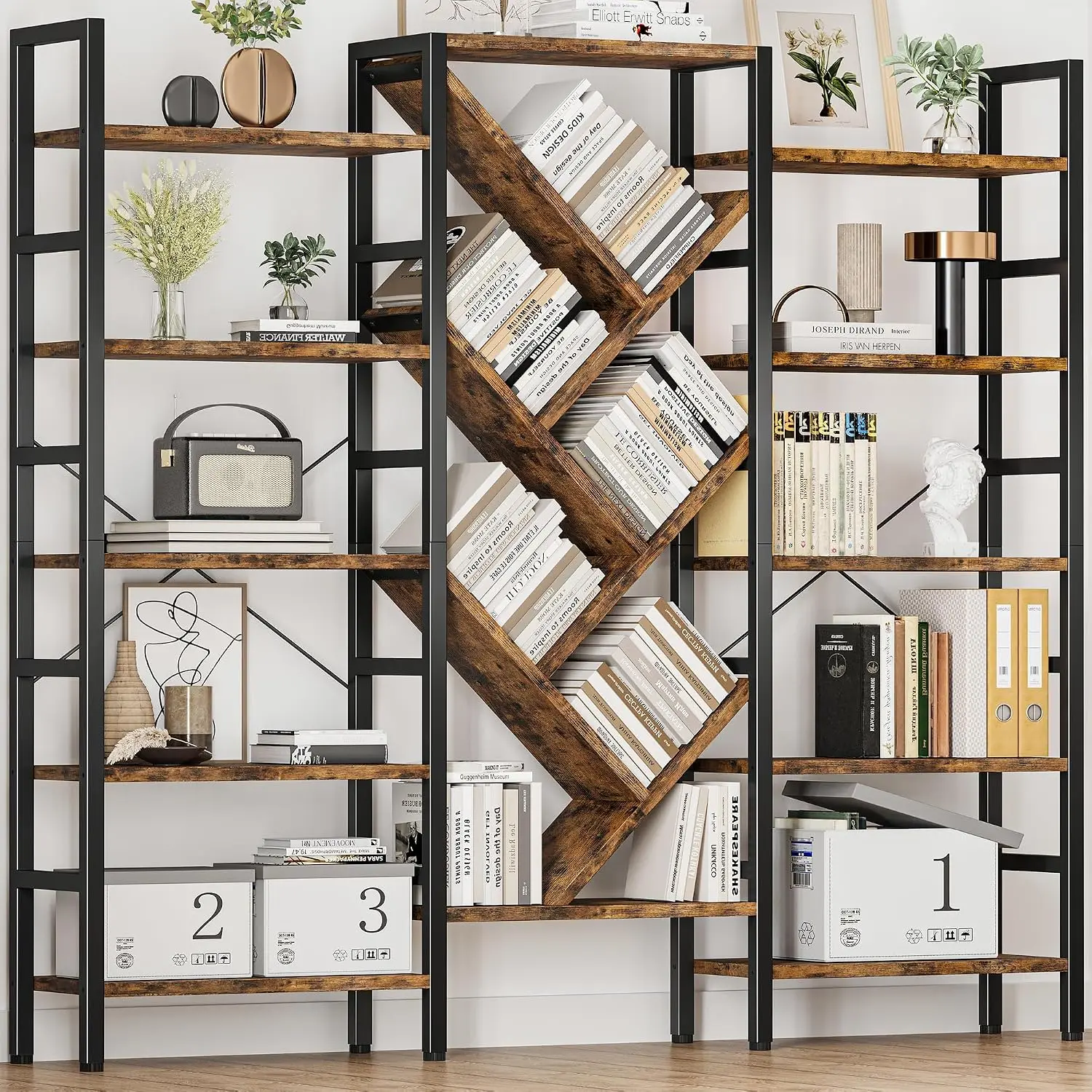 70x70 Triple 5 Tier Book Shelf, Large Wooden Bookcase With 17 Open Display Shelf, Modern Tree Bookshelf Metal Frame, Customized