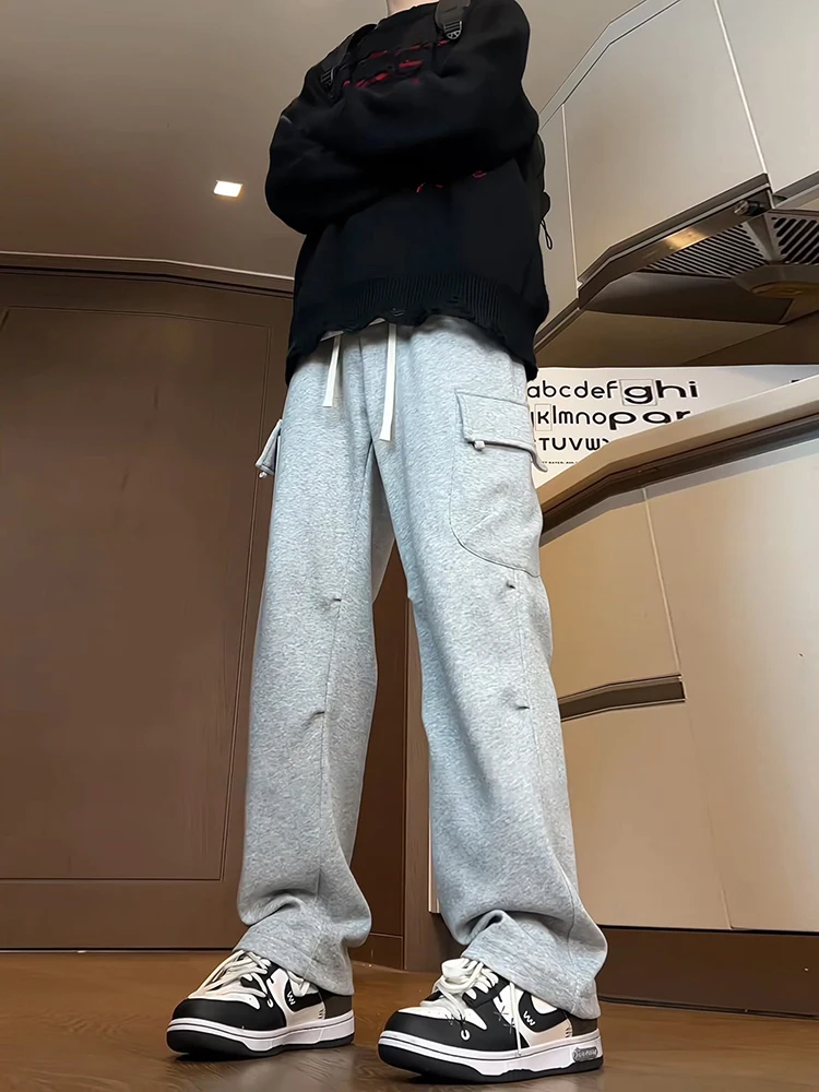 

ay Fce Lined Men's Casual Sports Pants Autumn Winter American Sle Straight Leg Design Large ket Workwear Trousers