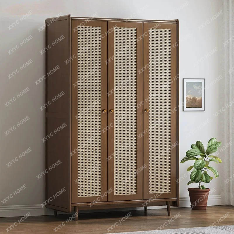 LThree-door solid wood wardrobe opposite door small apartment Japanese wardrobe retro storage cabinet armoire ming antique
