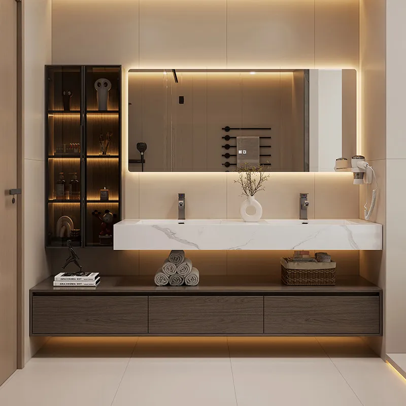 Medieval Style New Rock Slab Ceramic Seamless Basin Walnut Color Wash Basin Bathroom Cabinet Combination Can Be Customized