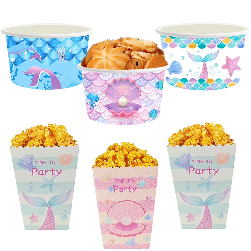 Image of 10/20/50 Stück Meerjungfrauen-Muster Papier-Popcornbox Snackschale für Mädchen Meerjungfrauen-Geburtstagsparty Babyparty-Dekorationszubehör