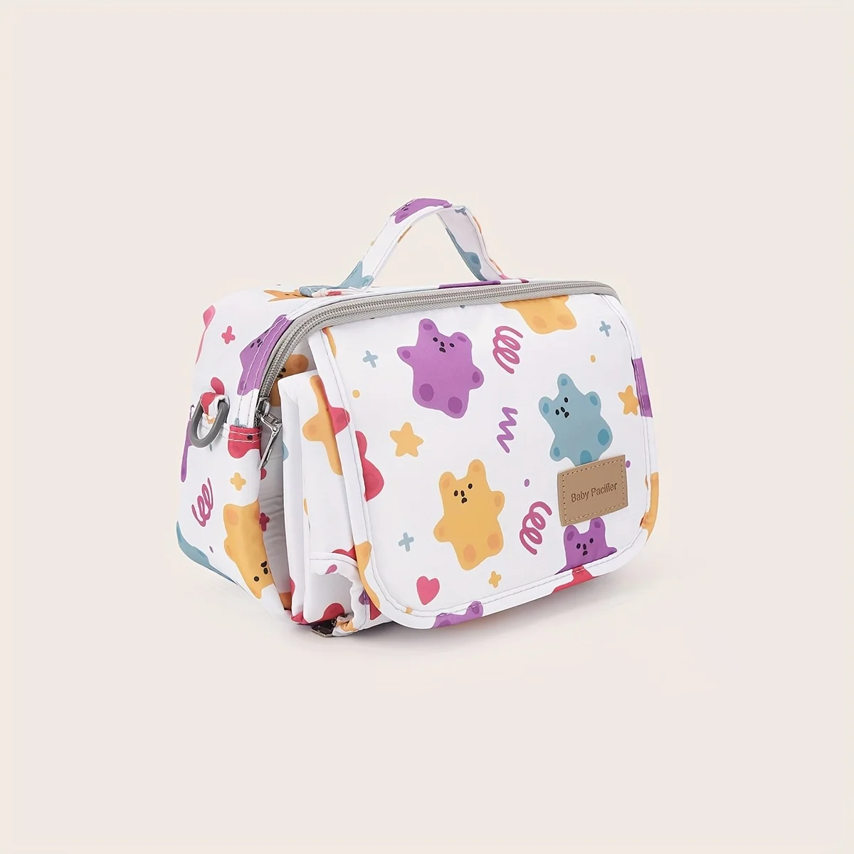 

Multifunctional Cartoon Bear Heart Print Diaper Bag Large Capacity Foldable Changing Pad Detachable Crossbody Strap Sturdy