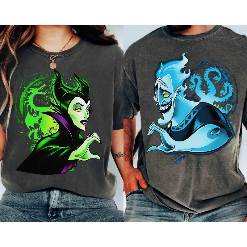 قمصان أشرار ديزني المضحكة Maleficent and Hades، قمصان زوجين الشريرية للجنسين قمصان قطنية مناسبة لجميع المواسم