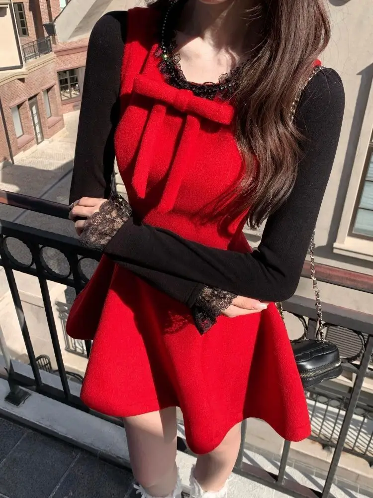 

Весенний винтажный элегантный комплект из 2 предметов: черная блузка и ретро-платье в корейском стиле для женщин ​ Одежда