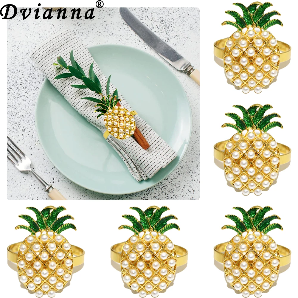 6pcs Pineapple Napkins Ring Pearl Napkin Holder Gold Napkin Buckle for Christmas Wedding Birthday Party Dinner Table Decoration