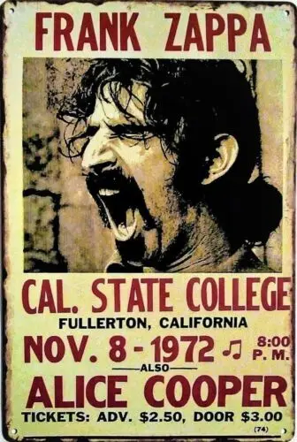 Vintage Rock & Roll Metal Sign Zappa/Cooper 1972 Concert Poster Music Sign 12x8