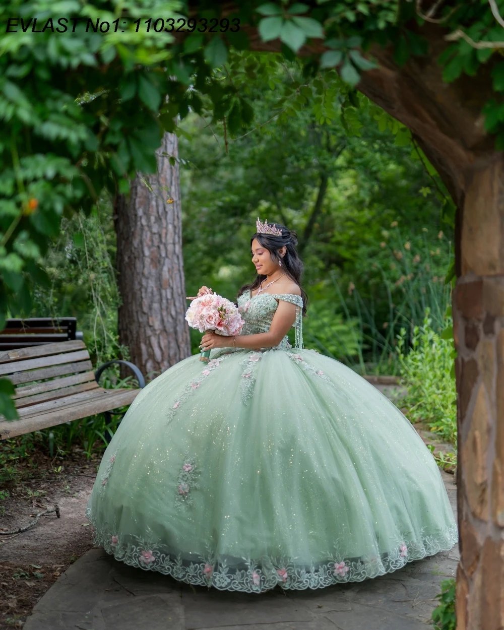 EVLAST Customized Shiny Mint Green Quinceanera Dress Ball Gown 3D Floral Applique Beading Sweet 16 Vestido De 15 Anos E1Q126
