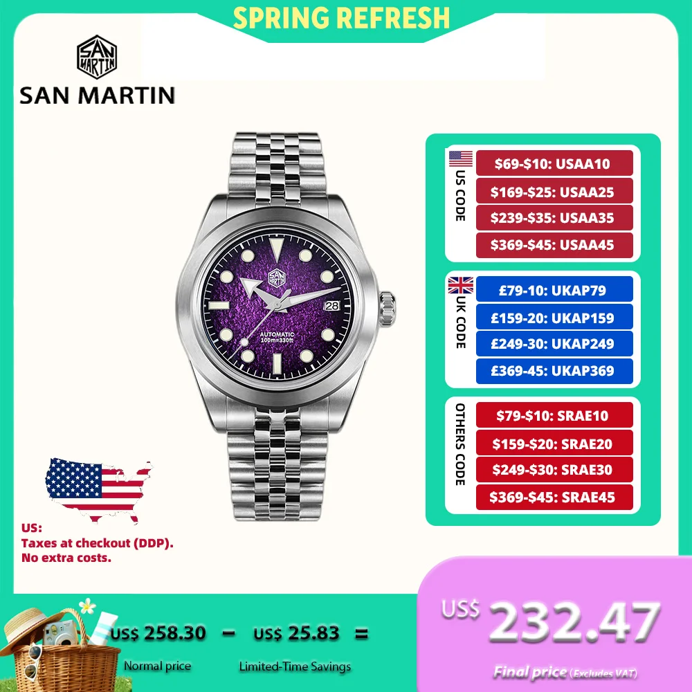 

San Martin 39mm Gradient Color Oil Pressured Textures Dial NH35 Automatic Watches Men 3H Date BGW-X1 10Bar Reloj SN0053-1