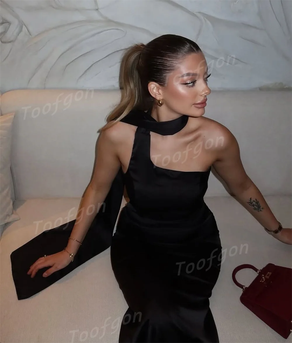 Toofgon Unique Halter Black Prom Dresses Customized One Strap Silk Satin Mermaid Evening Party Dress Women Special Occasion Gown