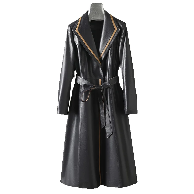 New Spring Cotton Sheepskin Genuine Leather Coat For Women's Long Fit Slimming Black Versatile Lace Up Fashion Coat