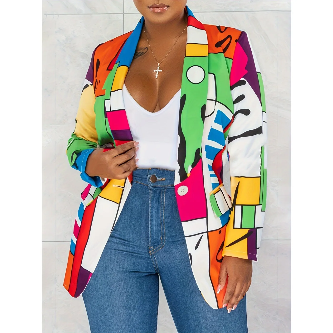 

Multicolor Fashion Casual Printed Patchwork Cardigan Lapel Jacket