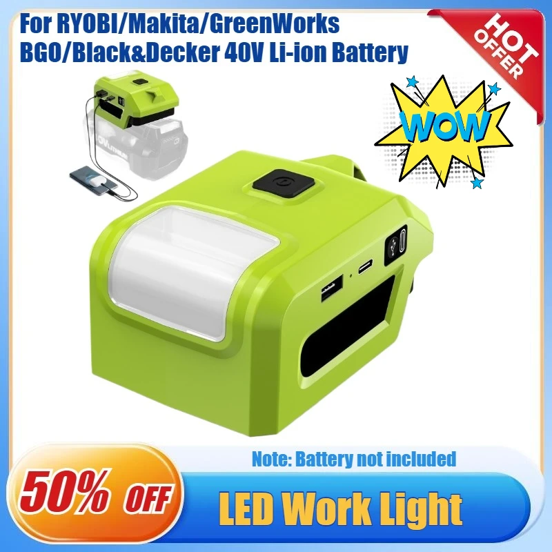 Lithium Battery Parts Adapter USB Type-C Charger 5W LED Work Light for RYOBI for Makita for GreenWorks forBGO 40V Li-ion Battery