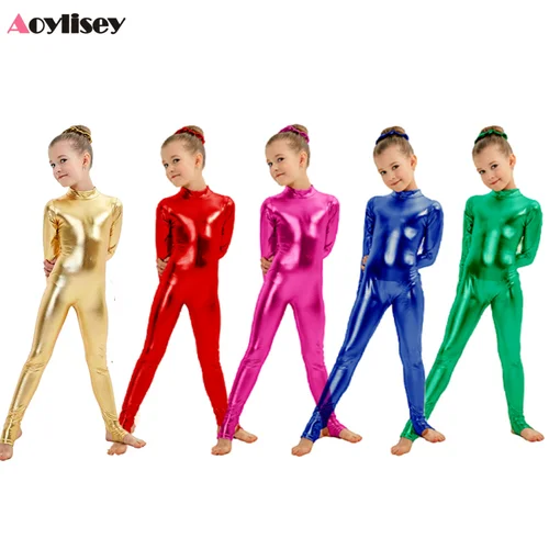 Unitards metálicos brillantes para niñas, estribos, Ropa de baile, Leotardos de gimnasia, Ropa de baile, traje de espectáculo puesta en escena, disfraz de Halloween