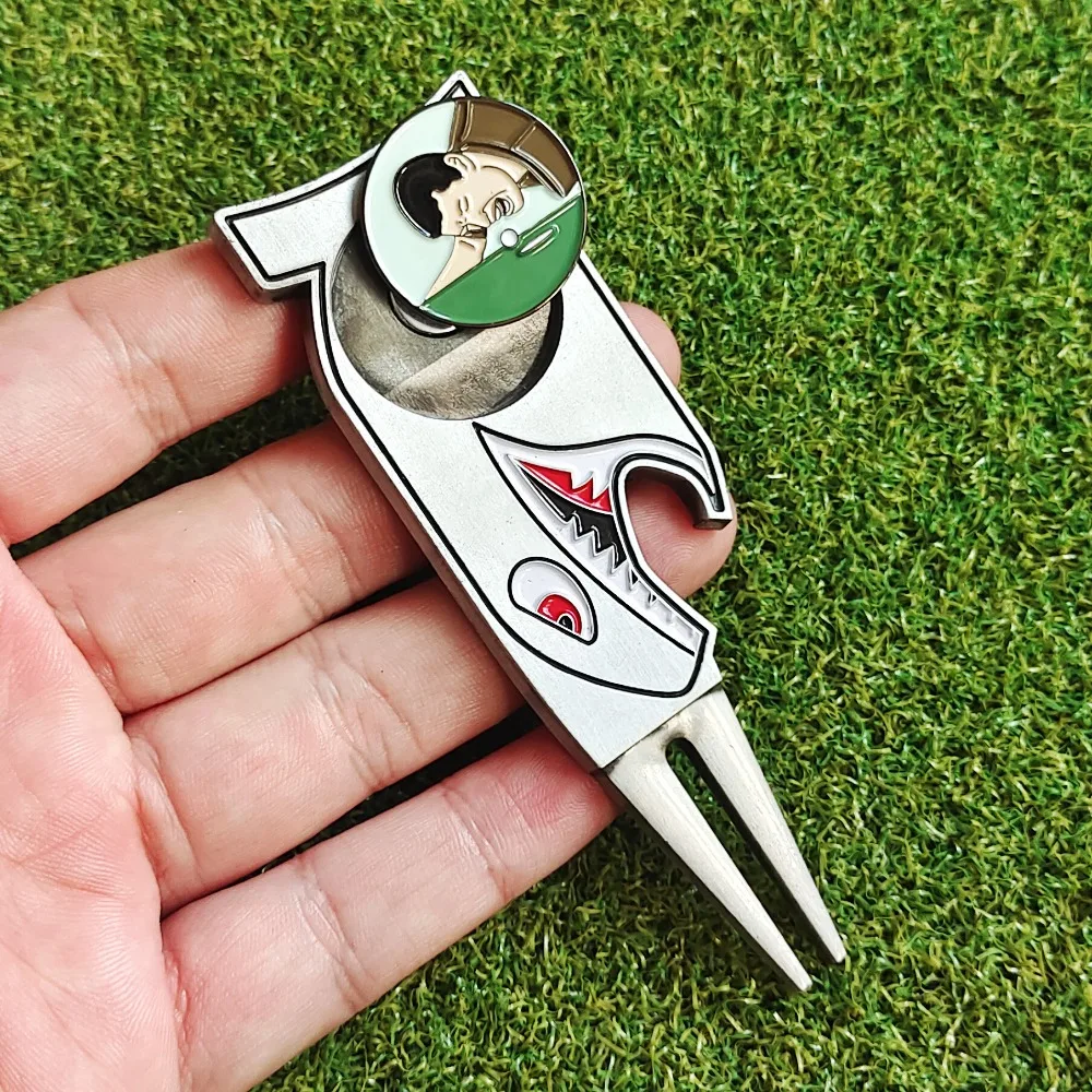 Golf Accessories Shark Golf Green Fork Multifunctional Magnetic Golf Ball Marker Portable Zinc Alloy Divot Fork Golf Club