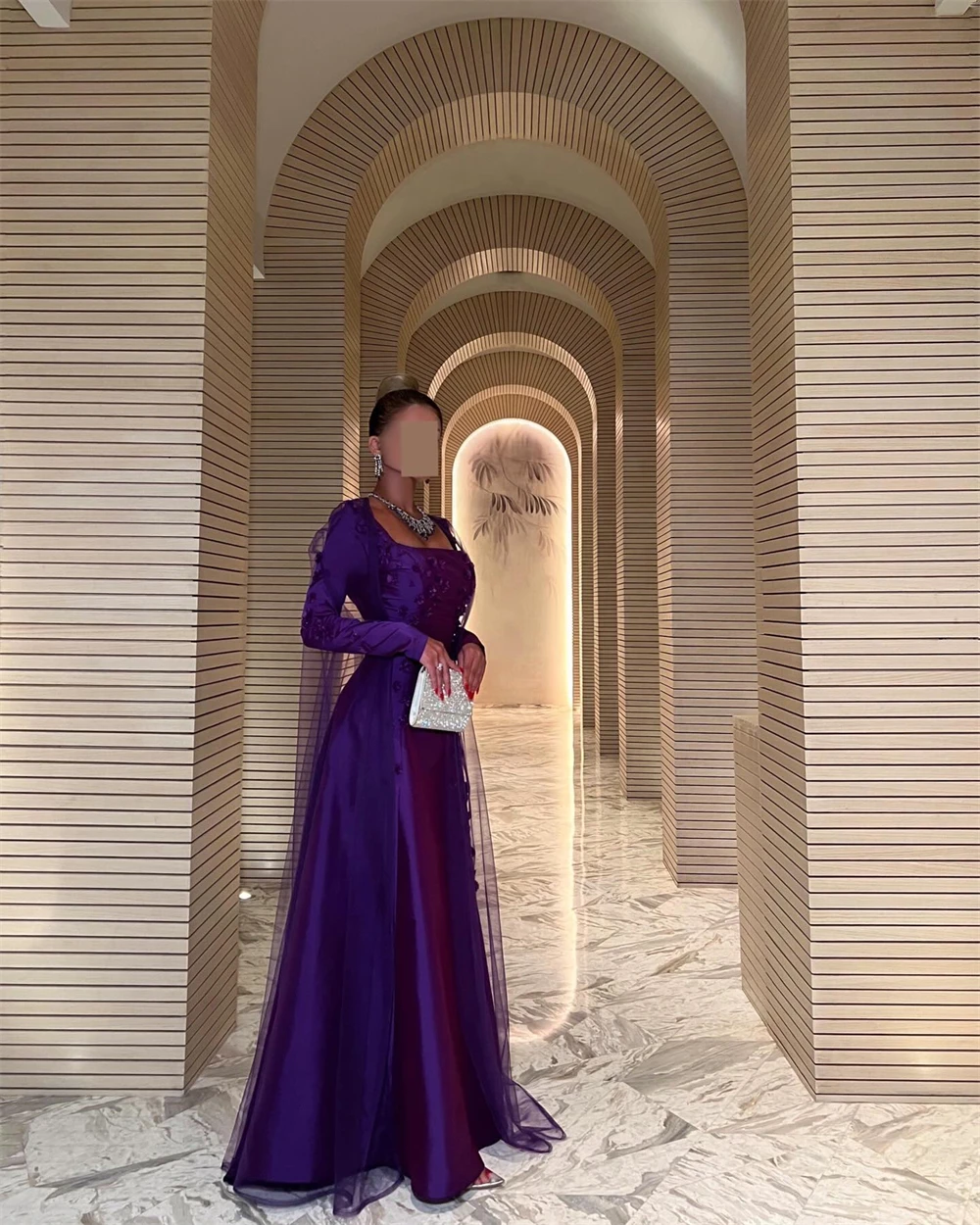 Customized Evening Dress Exquisite Purple Satin Square Collar Off the Shoulder Long Sleeves Appliques Pearls Ruched Prom Gowns