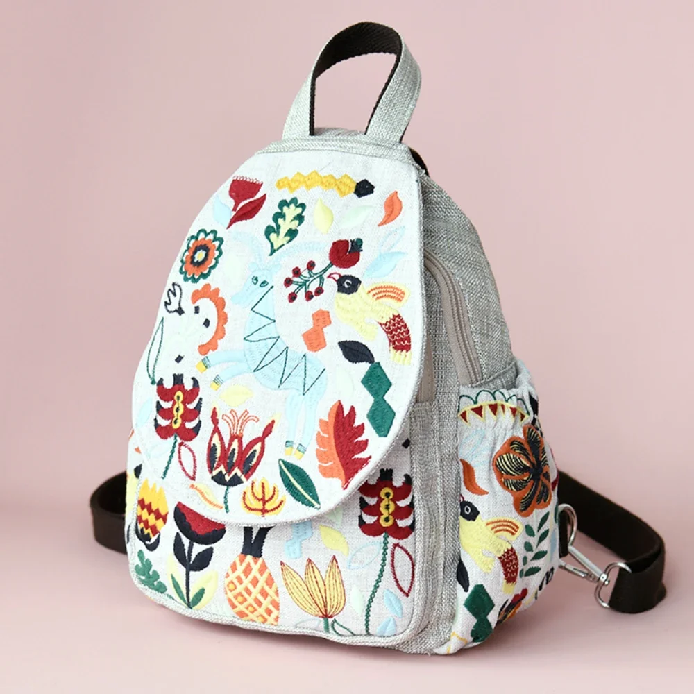 Vintage Embroidered Ethnic Style Backpack for Women, Multi-layer Pockets and Flap Design, Fashionable and Practical