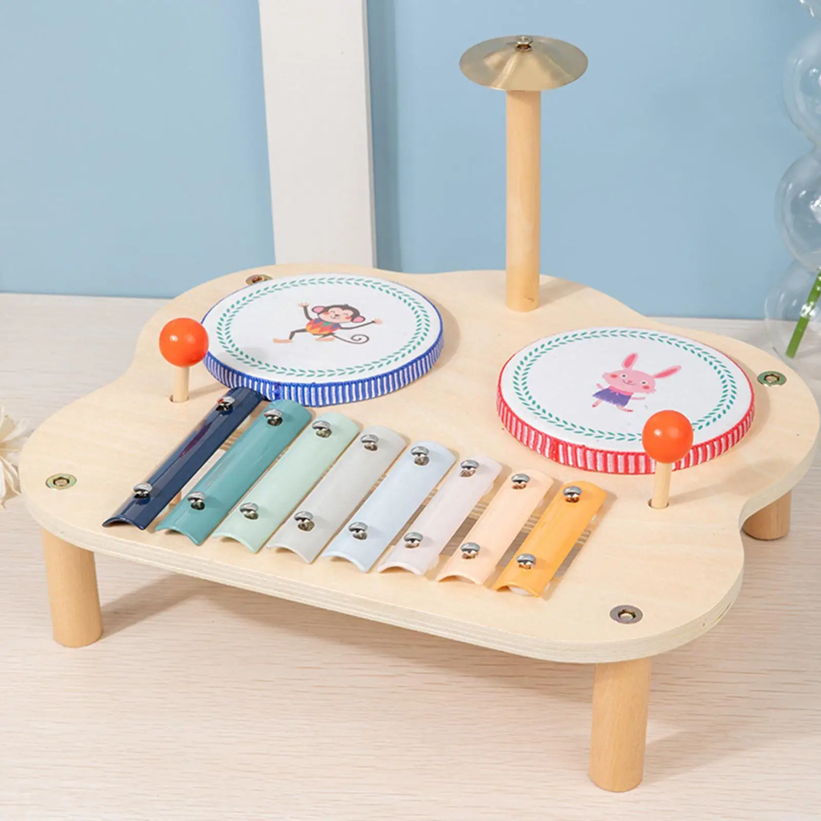 Mainan Musik Anak dengan Xylophone Drum kayu instrumen perkusi meja musik Kit Drum anak-anak untuk balita hadiah ulang tahun bayi