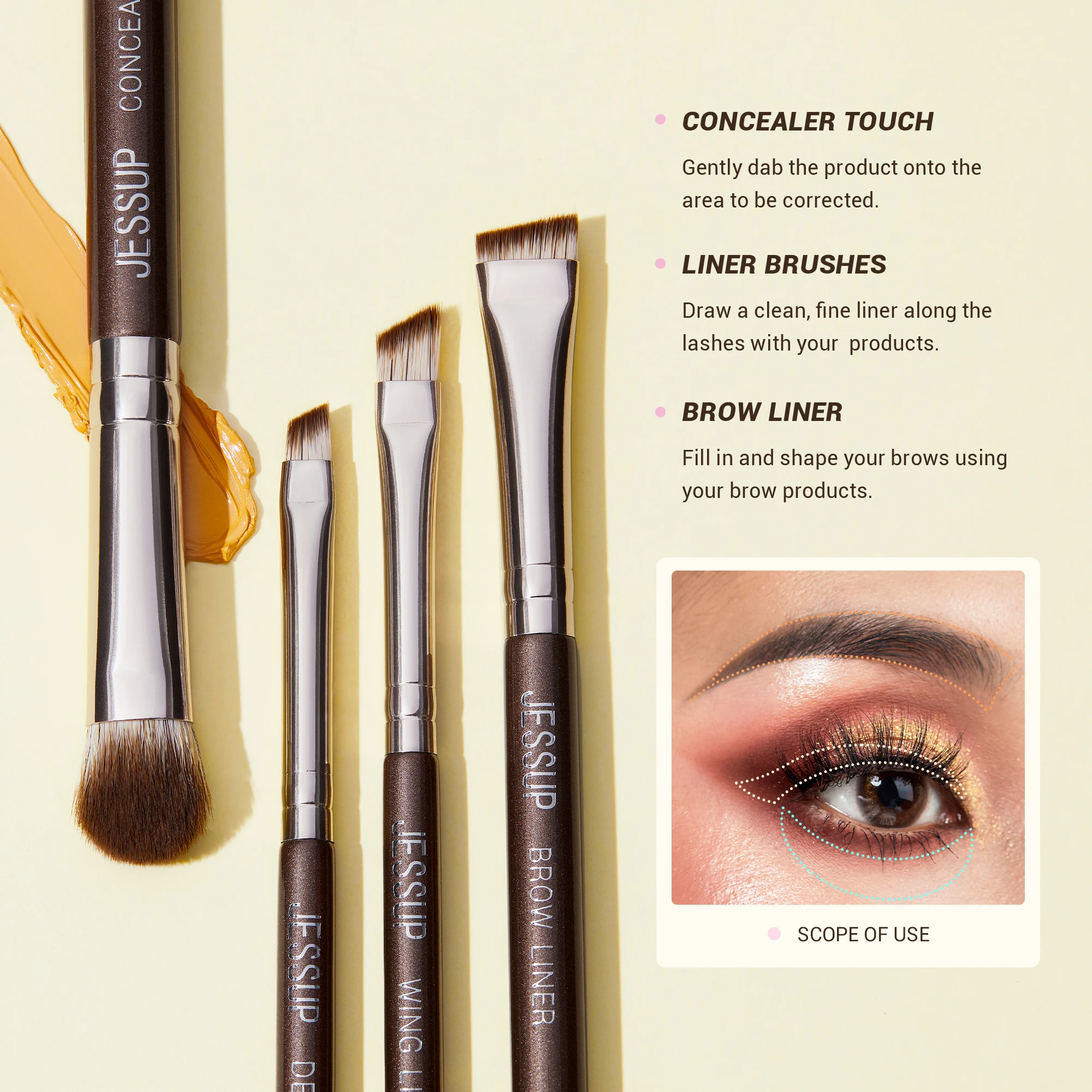 Jessup conjunto de pincéis de maquiagem para os olhos, profissional, 15 peças, pincéis de sombra, corretivo vegano, delineador de sobrancelha,