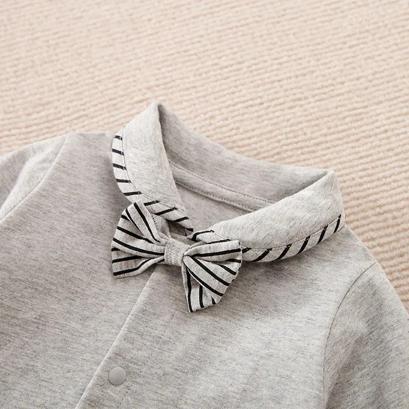 Newborn Boy Baby Jumpsuit Casual And Comfortable Vertical Bow Splicing Gray Spring And Autumn Cotton Long Sleeved Baby Jumpsuit