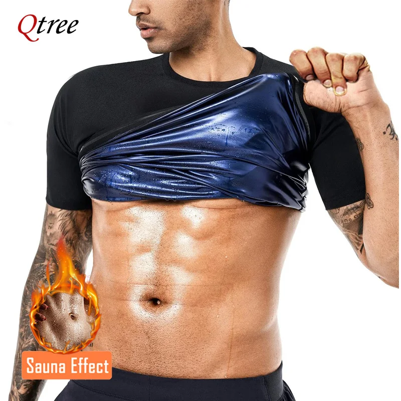 

Qtree Sauna Sweat Shirt Waist Trainer Men Vest Workout Gym Slimming Body Shaper Short Sleeve Tops Compression Weight Loss Corset