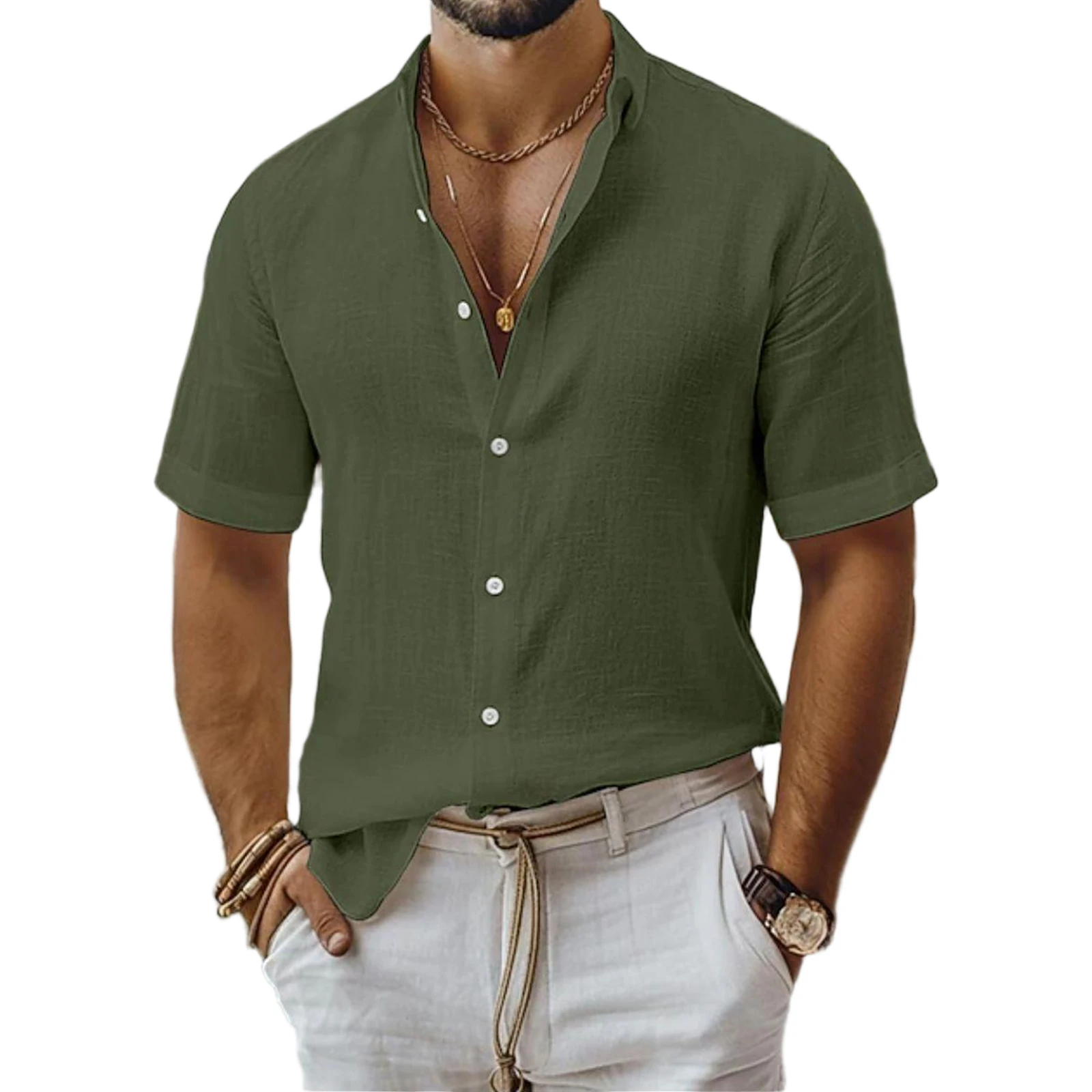 

Mens Summer Cotton Linen Short Sleeve Shirt Button Down Casual Breathable Tops for Beach Vacation