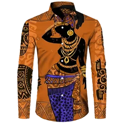 Ethnic Style African Girl 3D Print Long Sleeve Button Shirts For Men Women Dashiki Folk Custom Vintage Tops Couple Clothes Shirt