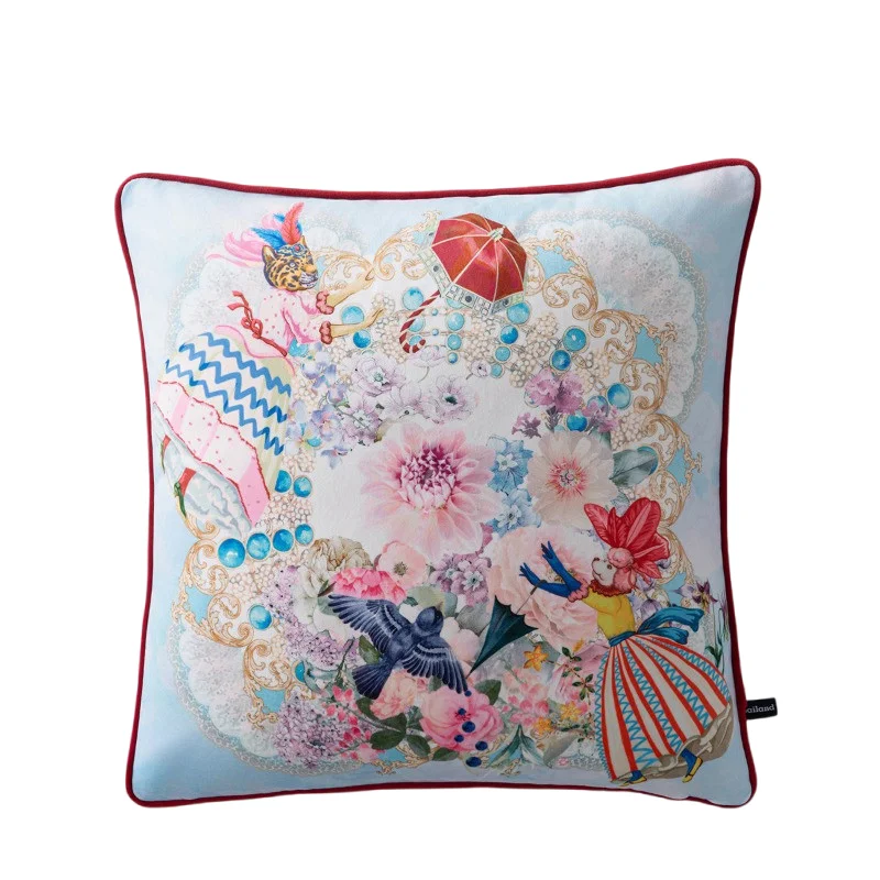 French Fantasy Dreamy Floral Velvet Pillow Cover Retro Circus Character Gem Pattern Decorative Cushion for Bedroom Couch 45x45cm