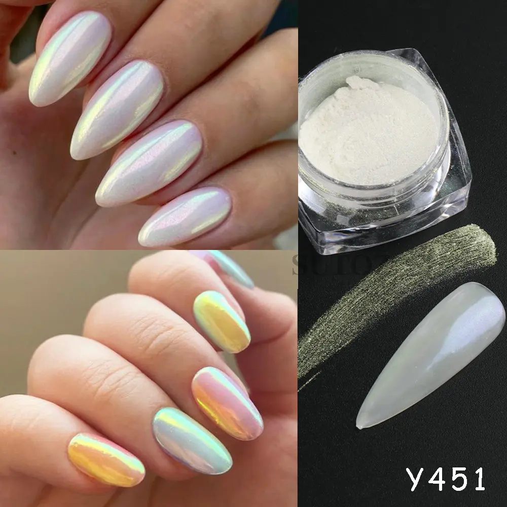 Polvo de uñas de perla cromada blanca, polvo de frotamiento de sirena Aurora, purpurina para arte de uñas, efecto espejo, decoraciones de manicura, LEBY459