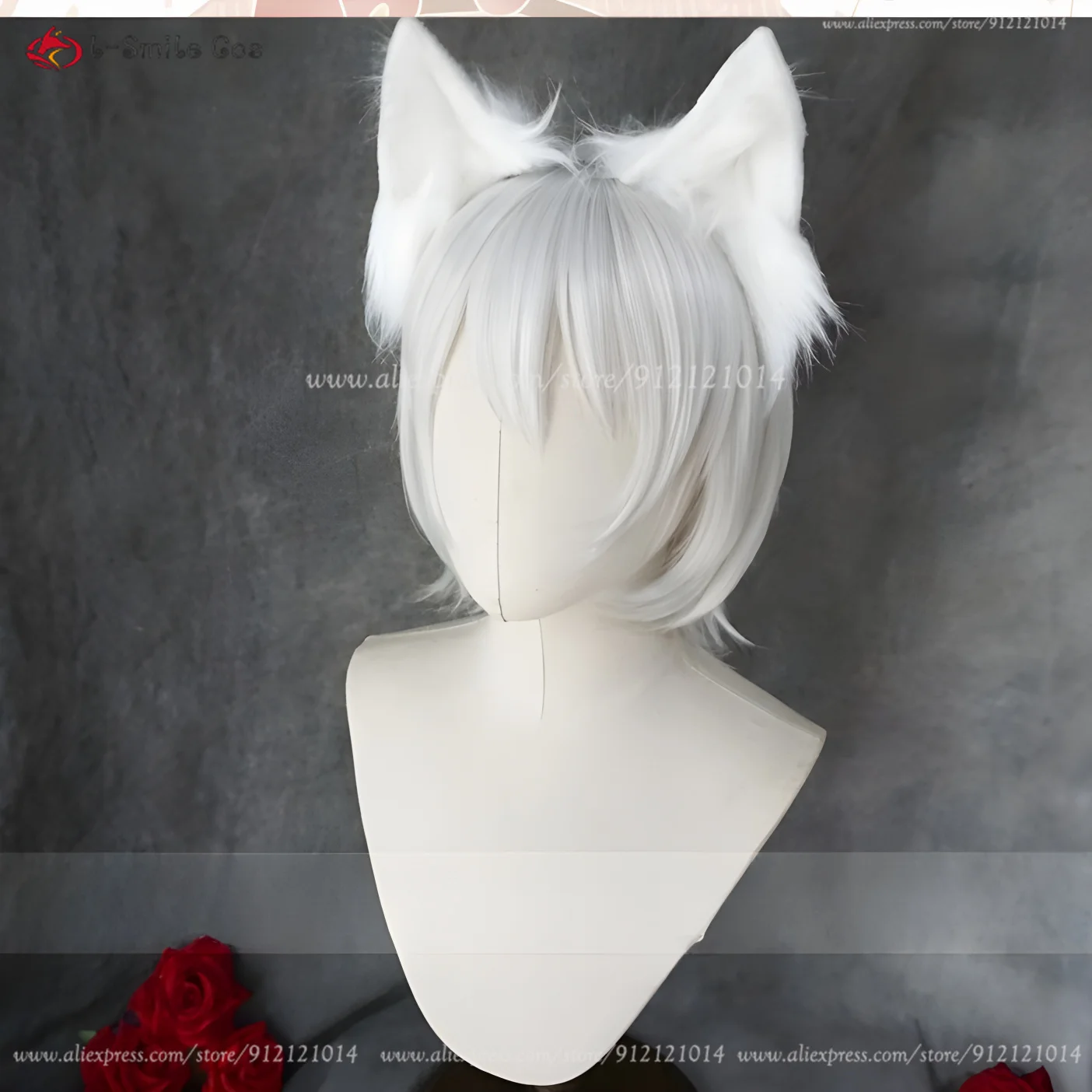 Anime Tomoe Cosplay Wig Short Silver White Unisex Wig With Fox Ears Heat Resistant Hair Halloween Wigs + Wig Cap