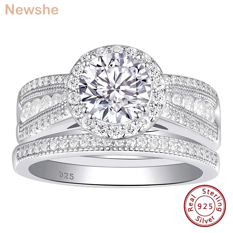 

Newshe 925 Sterling Silver Jewellery 2Ct Bridal Sets Wedding Ring for Women AAAAA Round Cut Cubic Zircon Radiant Engagement Band