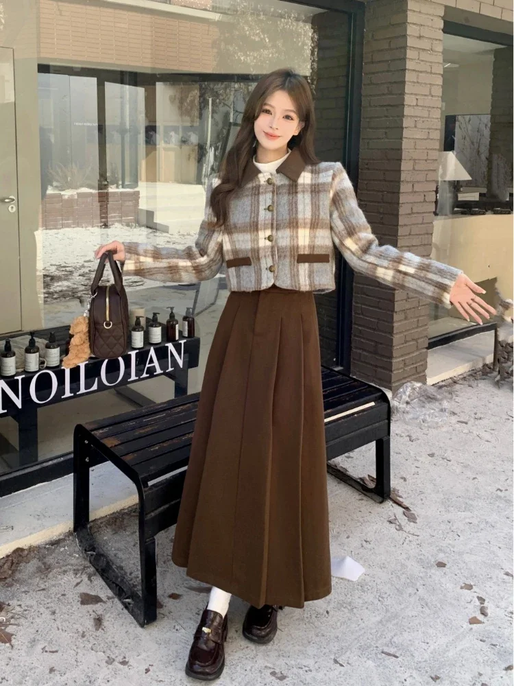 Korean Winter Outer Vintage Plaid Short Jacket Turn Down Collar Coat Pleated Long Skirt Fashion Elegant Two Piece Set for Women