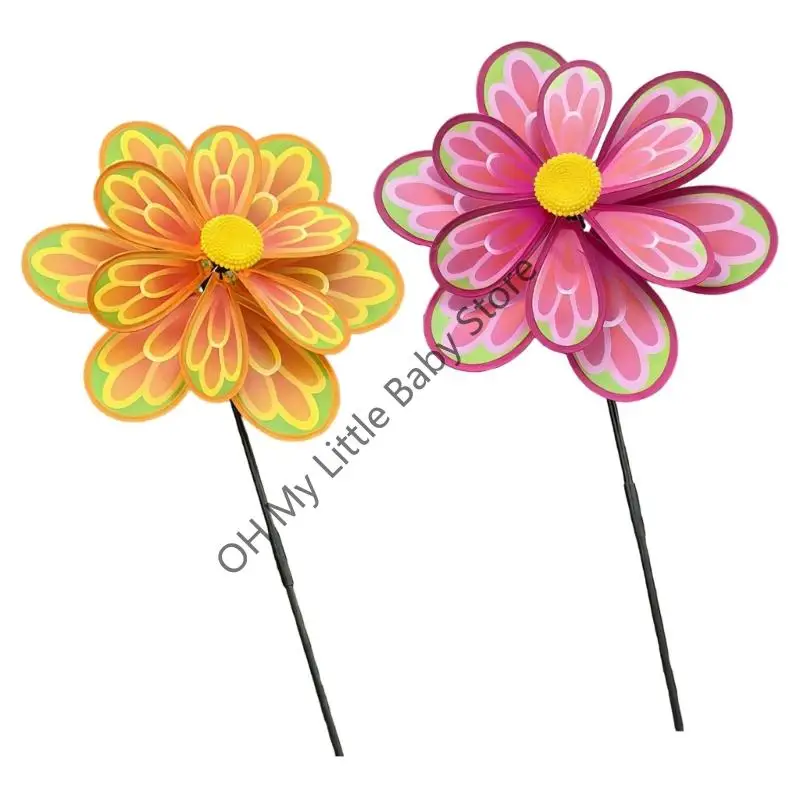 M76C 2PCS 더블 레이어 회전 풍차 장난감 플라스틱 꽃 바람개비 바람 회 전자 정원 마당 조경 장식