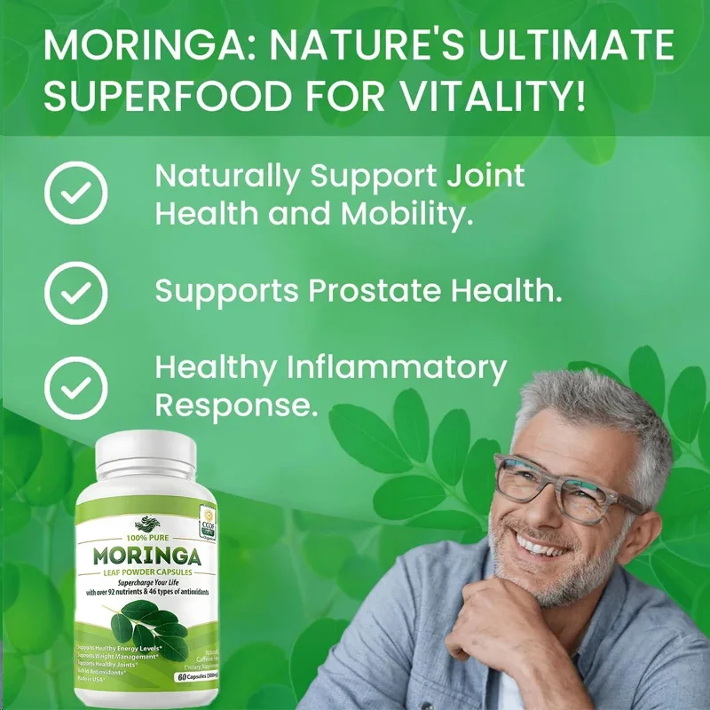 Moringa-capsules zijn een enkele bron van Moringa-poeder, organisch Moringa-blad-metabolisme en ondersteuning voor het immuunsysteem.